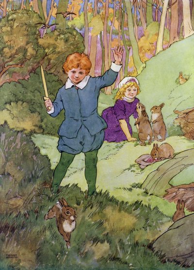 Illustratie voor De Kinderen in het Bos (kleur litho) door Frank Adams