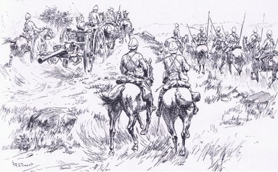 De cavalerie en artillerie van Buller rukken op naar Bergendal, illustratie uit Na Pretoria: De Guerrillaoorlog, 1902 door Frank Algenon Stewart