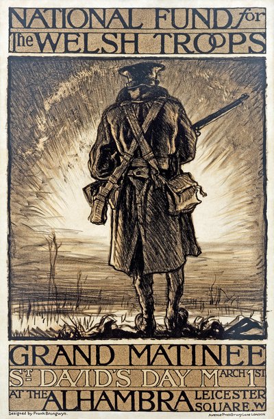Poster ter promotie van een inzamelingsactie voor het Nationale Fonds voor de Welshe troepen, 1 maart, 1915 door Frank Brangwyn