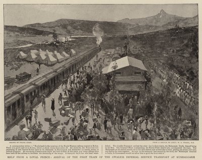 Hulp van een loyale prins, aankomst van de eerste trein van de Gwalior Imperial Service Transport in Kushalgarh door Frank Craig