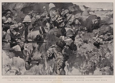 De Slag bij Colenso, de Vooruitgang van de Brigade van Generaal Hildyard tegen Fort Wylie door Frank Craig