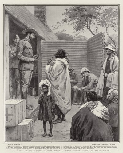 Een dokter en zijn patiënten, een scène buiten een Brits militair ziekenhuis in de Transvaal door Frank Dadd