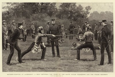 Bajonetgevecht in Aldershot, een duel tussen de teams van de South Wales Borderers en het Welsh Regiment door Frank Dadd