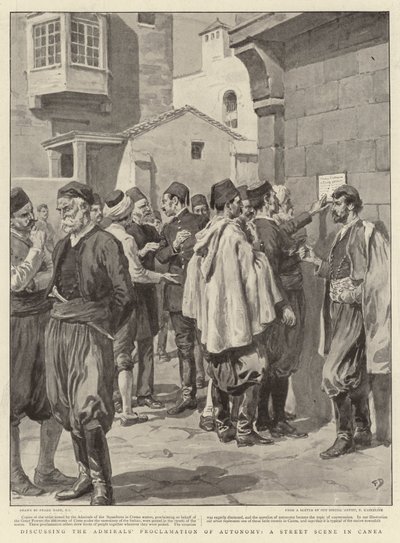 Bespreking van de Proclamatie van Autonomie door de Admiraal, een Straatscène in Canea door Frank Dadd