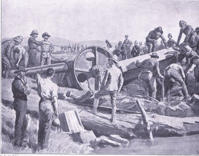 Een kanon over een nare plek krijgen, illustratie uit Na Pretoria: De Guerrillaoorlog, 1902 door Frank Dadd