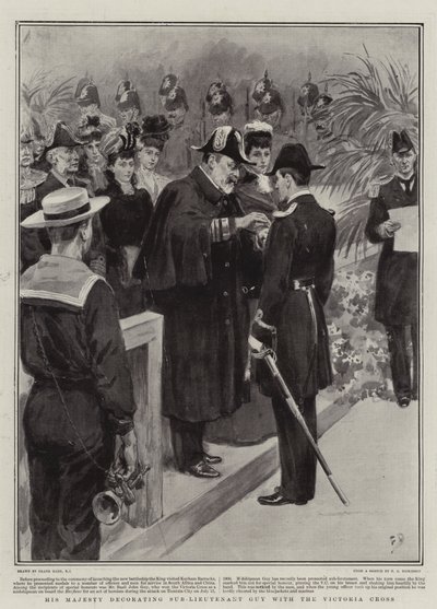 Zijne Majesteit decoreert onderluitenant Guy met het Victoria Cross door Frank Dadd