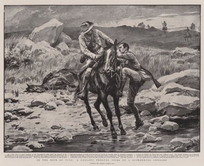 Op het nippertje, een dappere soldaat pikt een afgezette kameraad op door Frank Dadd