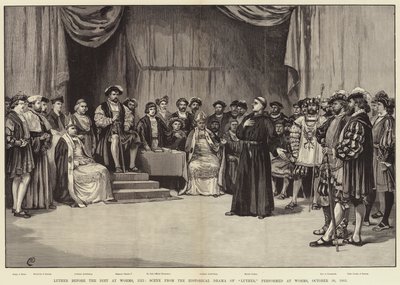Luther voor de Rijksdag in Worms, 1521, scène uit het historische drama van Luther, uitgevoerd in Worms, 30 oktober 1883 door Frank Dadd