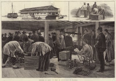 Schetsen in China, aan boord van een opiumschip in Shanghai door Frank Dadd