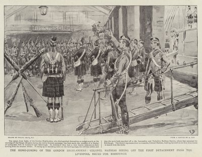 De Thuiskomst van de Gordon Highlanders, Kolonel Mathias ziet het Eerste Detachement vertrekken van de Liverpool Docks naar Edinburgh door Frank Dadd