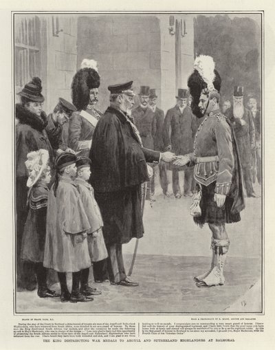 De koning reikt oorlogmedailles uit aan Argyll en Sutherland Highlanders in Balmoral door Frank Dadd