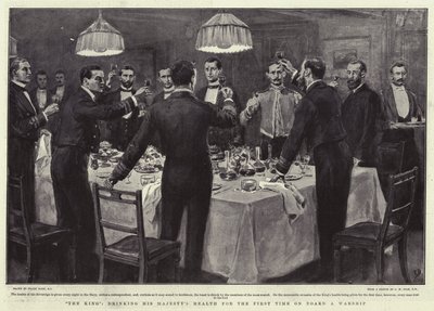 De koning, drinkend op de gezondheid van Zijne Majesteit voor de eerste keer aan boord van een oorlogsschip door Frank Dadd