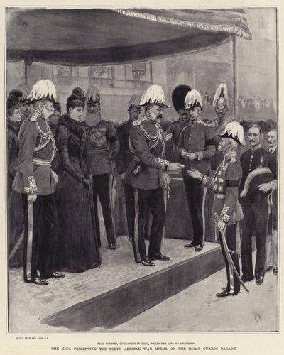 De koning presenteert de Zuid-Afrikaanse Oorlogsmedaille op de Horse Guards Parade door Frank Dadd