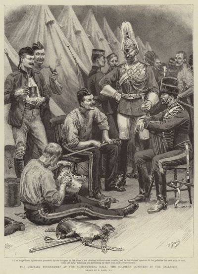 Het Militaire Toernooi in de Agricultural Hall, de Soldatenkwartieren in de Galerijen door Frank Dadd