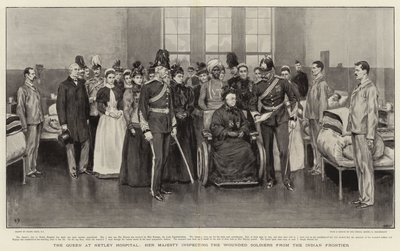 De koningin in Netley Hospital, Hare Majesteit inspecteert de gewonde soldaten van de Indiase grens door Frank Dadd
