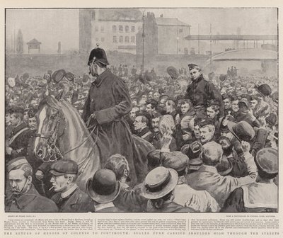 De Terugkeer van Helden van Colenso naar Portsmouth, Trompetter Dunn op de Schouders door de Straten Gedragen door Frank Dadd