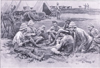 Vermoeide soldaten genieten van een rust, uit After Pretoria: The Guerilla War gepubliceerd door Harmsworth Bros Limited, 1901 door Frank Dadd