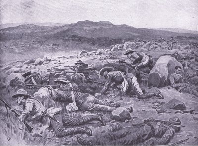 Met de Queensland Imperial Bushmen bij Rhenoster Kop 29 nov 1900, illustratie uit Na Pretoria: De Guerrillaoorlog, 1902 door Frank Dadd