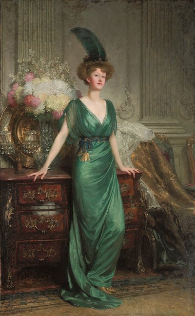 Portret van de Hon. Mrs. Ernest Guinness, Staand, met een Smaragdgroene Jurk en Veer, 1912 door Frank Dicksee