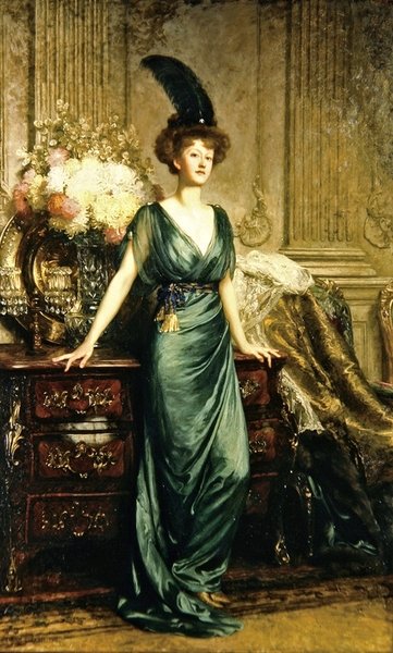 Portret van de Eerwaarde Mevrouw Ernest Guiness door Frank Dicksee