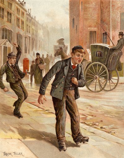 Een twijfelachtige bocht, jongen op rolschaatsen door Frank Feller