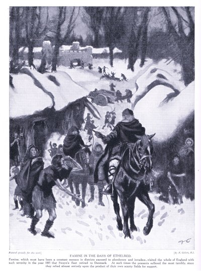 Hongersnood in de dagen van Ethelred AD1005, jaren 1920 door Frank Gillett