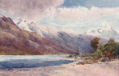 Nieuw-Zeeland: Aan het hoofd van Lake Wakatipu (kleur litho) door Frank H Wright