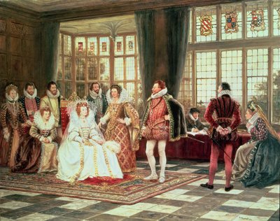 Koningin Elizabeth I (1533-1603) aan het hof door Frank Moss Bennett