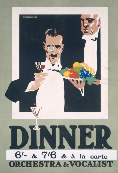Advertentie voor diner en orkest en zanger door Frank Newbould