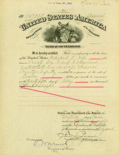 Kennisgeving van recht op pensioen aan Edward Parker Rice, 20 juni 1908 door Frank Pierce