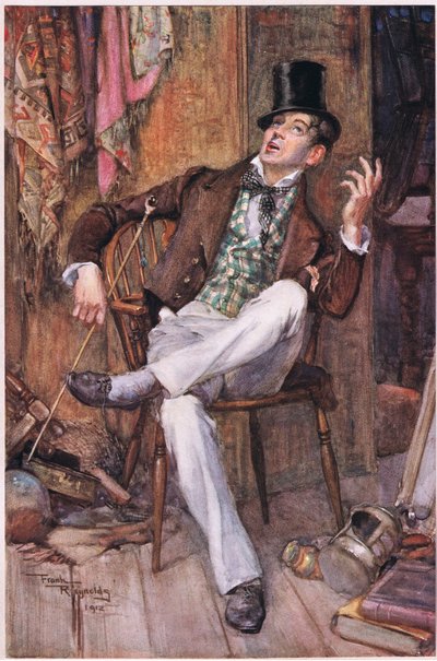 Mr Swiveller leunde achterover in zijn stoel met zijn ogen op het plafond gericht, en af en toe zijn stem op de nodige toonhoogte brengend, ca. 1920 (kleur litho) door Frank Reynolds
