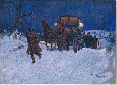 Bij het einde van de reis, c.1920 (kleur litho) door Frank Reynolds