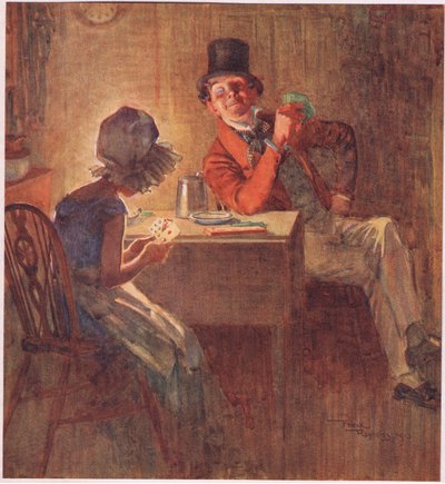 De Markiezin houdt haar kaarten heel strak in beide handen, overweegt welke te spelen, c.1920 door Frank Reynolds