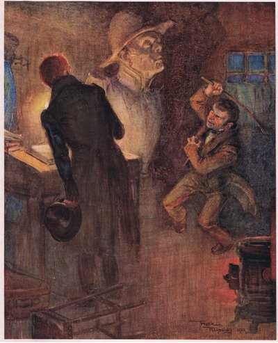 De dwerg gooide de krant neer waarvan hij de woorden al had gezongen en greep een roestige ijzeren staaf, c.1920 door Frank Reynolds
