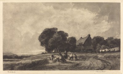 Cottage en oogsters door Frank Short