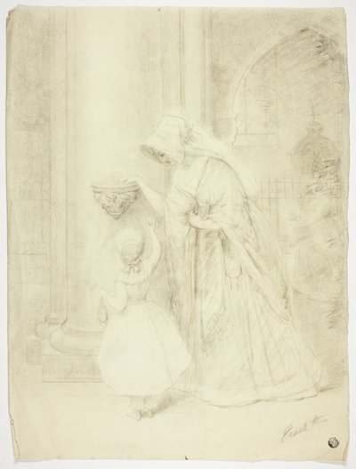 Dame en meisje in de kerk door Frank Stone