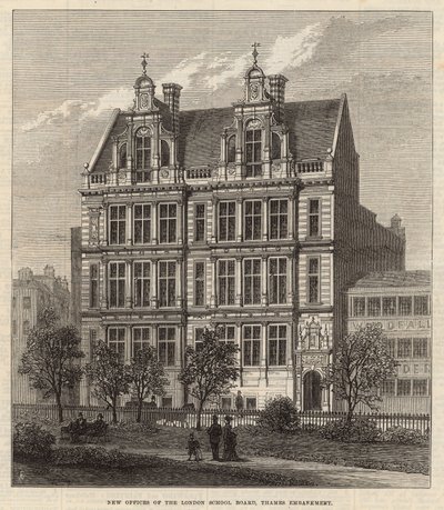 Nieuwe kantoren van de London School Board, Thames Embankment (gravure) door Frank Watkins