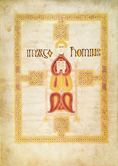 Symbool van Mattheüs, `Imago Hominus, Lindisfarne, uit het Echternach Evangelieboek, ca. 700 door Frankish School