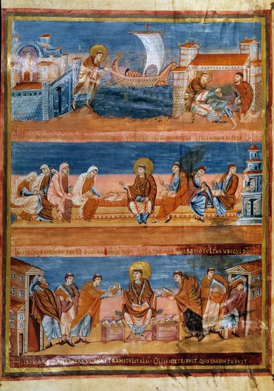 Sint Hiëronymus verlaat Rome en betaalt zijn leraar in Jeruzalem (boven), werkt met zijn schrijvers (midden) en verspreidt de Vulgaat (onder). Miniatuur in 