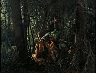 Amazone-indianen aanbidden de zonnegod, ca. 1860 door François August Biard