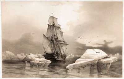 Korvet La Recherche bij Bereneiland op 7 augustus 1838, uit Voyages en Scandinavie, 1852 door François Auguste Biard