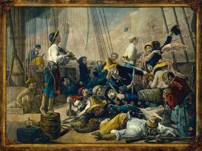 Piraten verkleed als vrouwen proberen een koopvaardijschip te lokken door François Auguste Biard