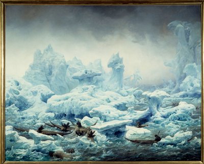 Uitzicht op de ijzige oceaan, walrusjacht door de Groenlanders door François Auguste Biard