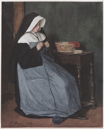 Een non zittend aan een tafel breiend, 1862 door François Bonvin