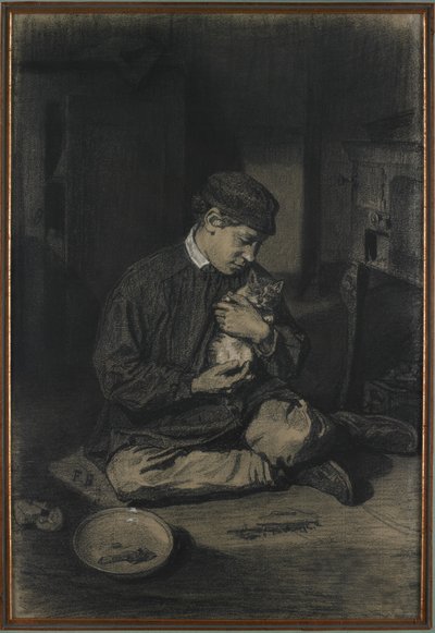 Zittende jongen met een kat (recto); Studie van kittens en een bord melk (verso), c. 1874-80 door François Bonvin