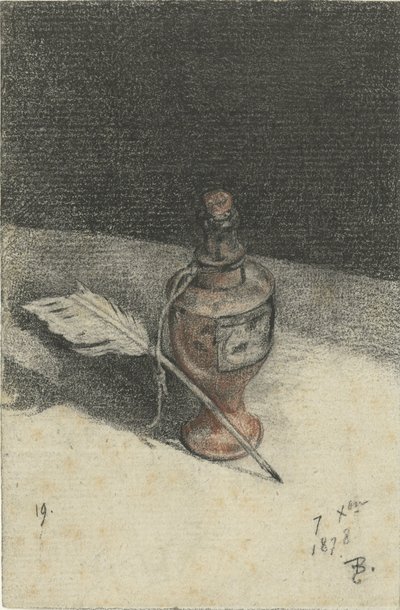 Stilleven van een inktpotje met een veer door François Bonvin