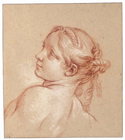 Een meisje, buste-lengte, haar hoofd naar links gekanteld door François Boucher