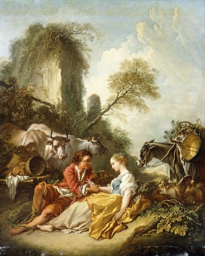Een pastoraal landschap met een herder en herderin zittend bij ruïnes door François Boucher