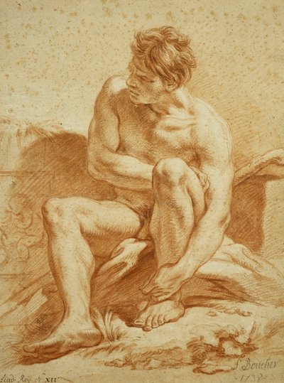 Een zittende naakte met een staf, een reliëf met putti links door François Boucher