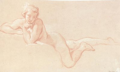 Naaktstudie van een vrouw liggend op wolken, met haar kin op haar linkerhand gesteund door François Boucher